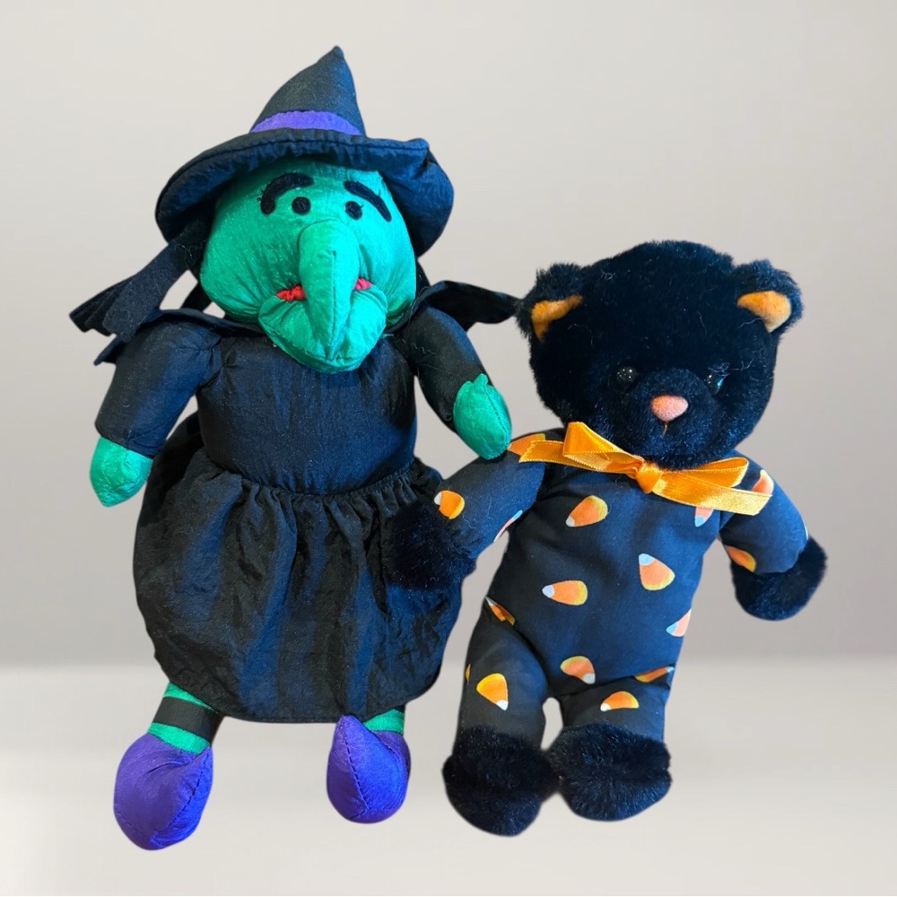 Vintage Halloween Witch and Cat Plushies